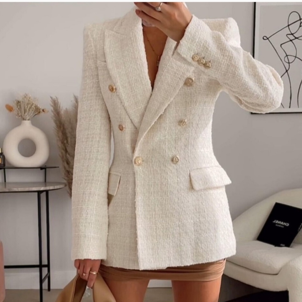 ZARA Tweed Textured Double Breasted Blazer gold buttons size S - Picture 2 of 16
